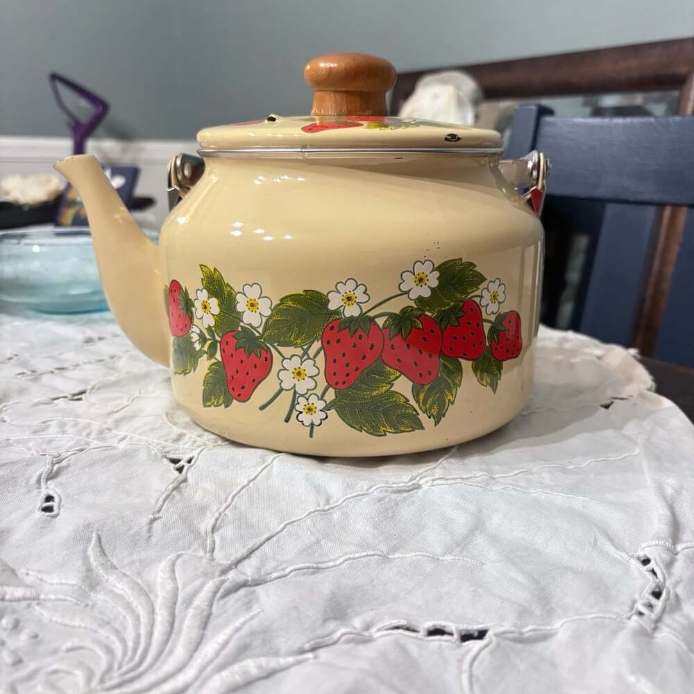 Vintage Strawberry Enamel Stovetop Tea Kettle Cream